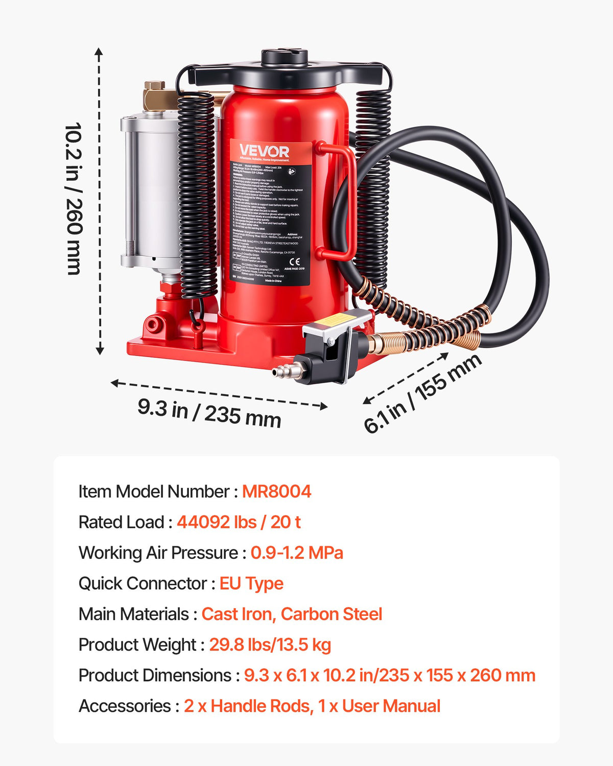 VEVOR Pneumatic and Hydraulic Bottle Jack, 20 t Lifting Capacity, Lifting Range 260–495 mm, Heavy-Duty Welded Construction with Pump, Suitable for Cars, Trucks, Campers and Building Lifting, Red