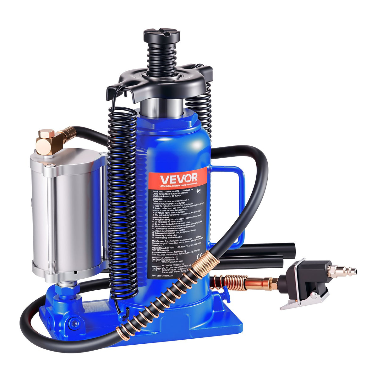 VEVOR Air Hydraulic Bottle Jack, 20 t, 260–495 mm, Pneumatic/Manual Heavy-Duty Welded Jack with Pump for Cars, Pickups, Trucks, Campers, SUVs, Auto Repair and House Lifting, Blue