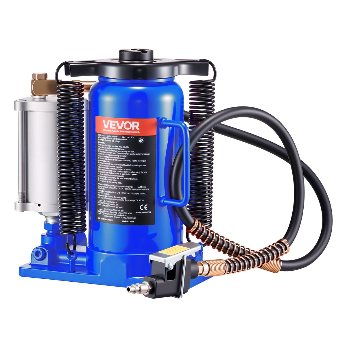 VEVOR Air Hydraulic Bottle Jack, 20 t, 260–495 mm, Pneumatic/Manual Heavy-Duty Welded Jack with Pump for Cars, Pickups, Trucks, Campers, SUVs, Auto Repair and House Lifting, Blue