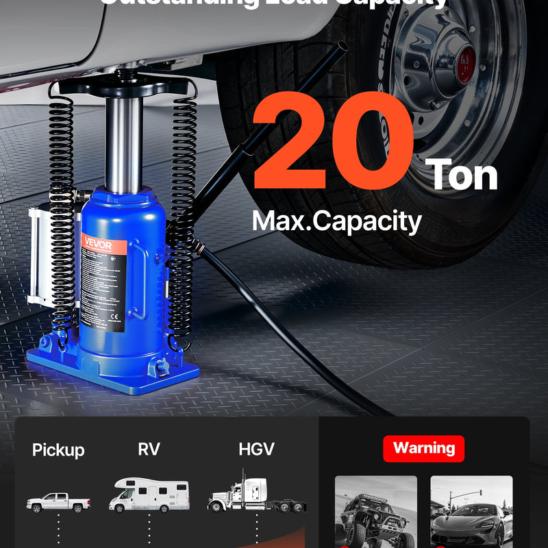 Gaisa hidrauliskais pudeļveida domkrats, 20 t, 260-495 mm, pneimatiskais/manuālais smagās slodzes metinātais domkrats ar sūkni automašīnām, pikapiem, kravas auto, kemperiem, SUV, auto remontam un māju pacelšanai, zils