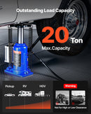 Gaisa hidrauliskais pudeļveida domkrats, 20 t, 260-495 mm, pneimatiskais/manuālais smagās slodzes metinātais domkrats ar sūkni automašīnām, pikapiem, kravas auto, kemperiem, SUV, auto remontam un māju pacelšanai, zils