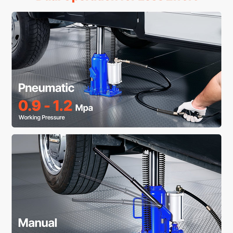 Gaisa hidrauliskais pudeļveida domkrats, 20 t, 260-495 mm, pneimatiskais/manuālais smagās slodzes metinātais domkrats ar sūkni automašīnām, pikapiem, kravas auto, kemperiem, SUV, auto remontam un māju pacelšanai, zils