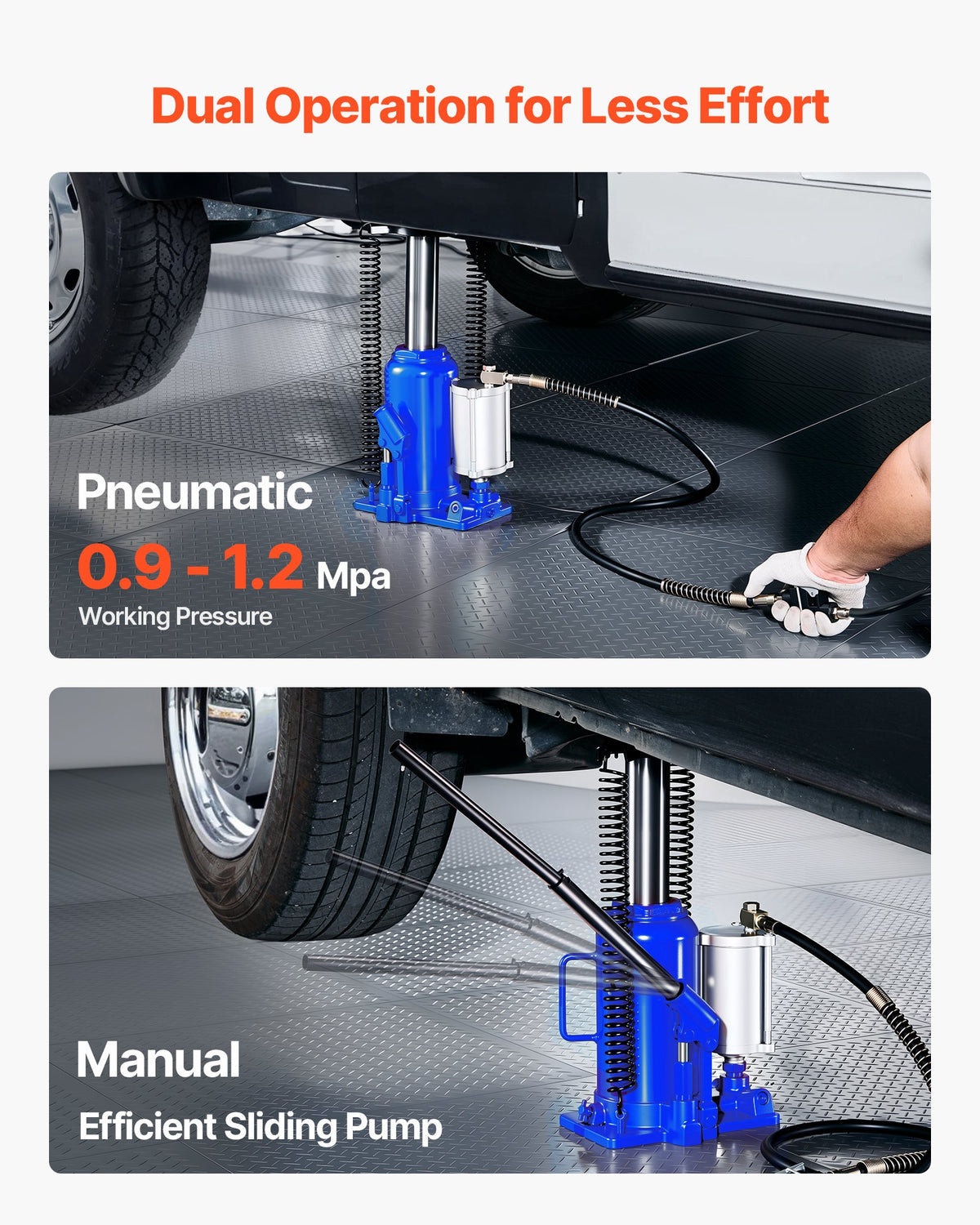VEVOR Air Hydraulic Bottle Jack, 20 t, 260–495 mm, Pneumatic/Manual Heavy-Duty Welded Jack with Pump for Cars, Pickups, Trucks, Campers, SUVs, Auto Repair and House Lifting, Blue