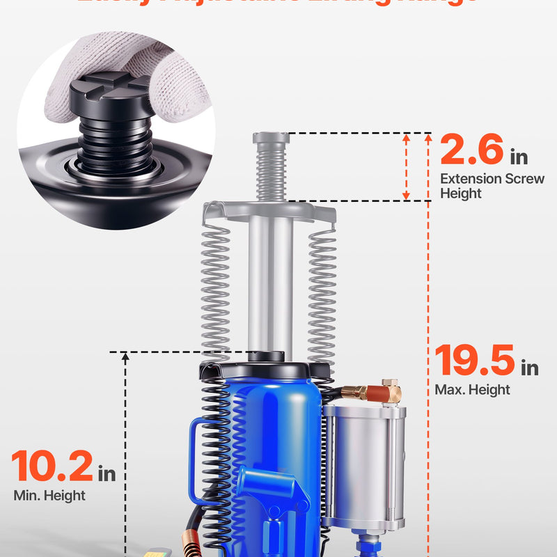 Gaisa hidrauliskais pudeļveida domkrats, 20 t, 260-495 mm, pneimatiskais/manuālais smagās slodzes metinātais domkrats ar sūkni automašīnām, pikapiem, kravas auto, kemperiem, SUV, auto remontam un māju pacelšanai, zils