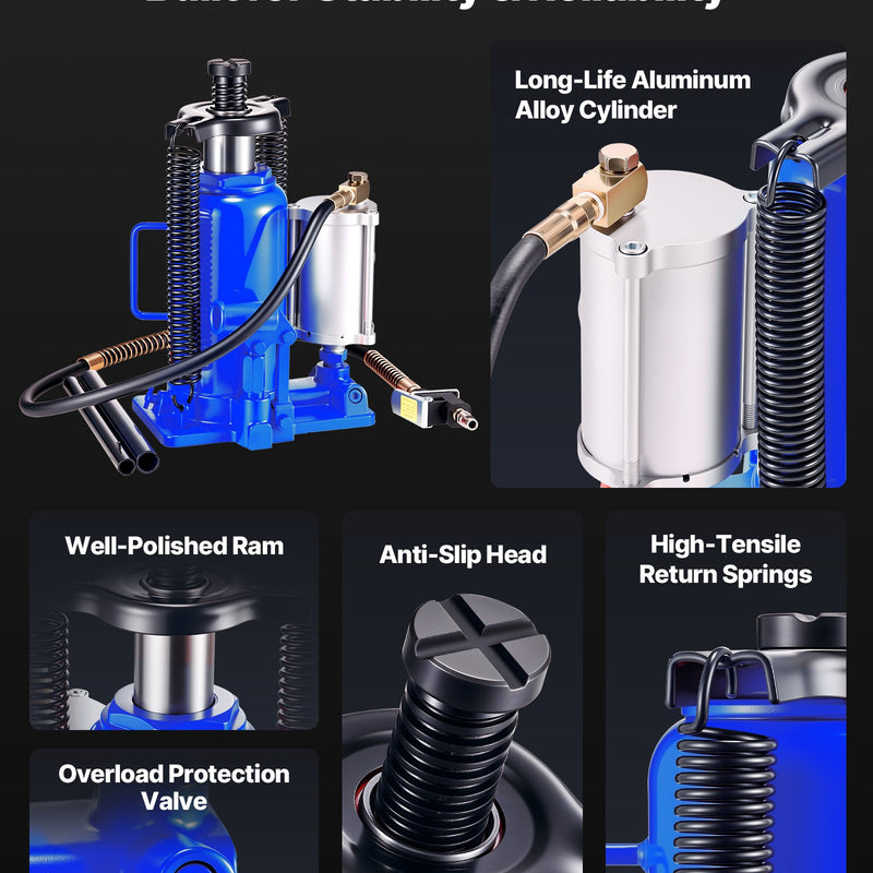 Gaisa hidrauliskais pudeļveida domkrats, 20 t, 260-495 mm, pneimatiskais/manuālais smagās slodzes metinātais domkrats ar sūkni automašīnām, pikapiem, kravas auto, kemperiem, SUV, auto remontam un māju pacelšanai, zils
