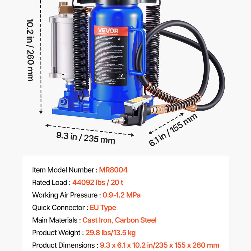 Gaisa hidrauliskais pudeļveida domkrats, 20 t, 260-495 mm, pneimatiskais/manuālais smagās slodzes metinātais domkrats ar sūkni automašīnām, pikapiem, kravas auto, kemperiem, SUV, auto remontam un māju pacelšanai, zils