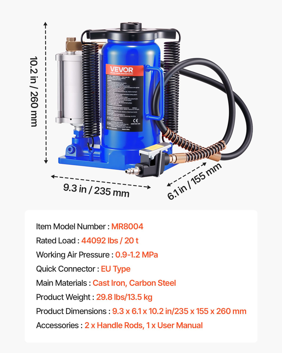 VEVOR Air Hydraulic Bottle Jack, 20 t, 260–495 mm, Pneumatic/Manual Heavy-Duty Welded Jack with Pump for Cars, Pickups, Trucks, Campers, SUVs, Auto Repair and House Lifting, Blue