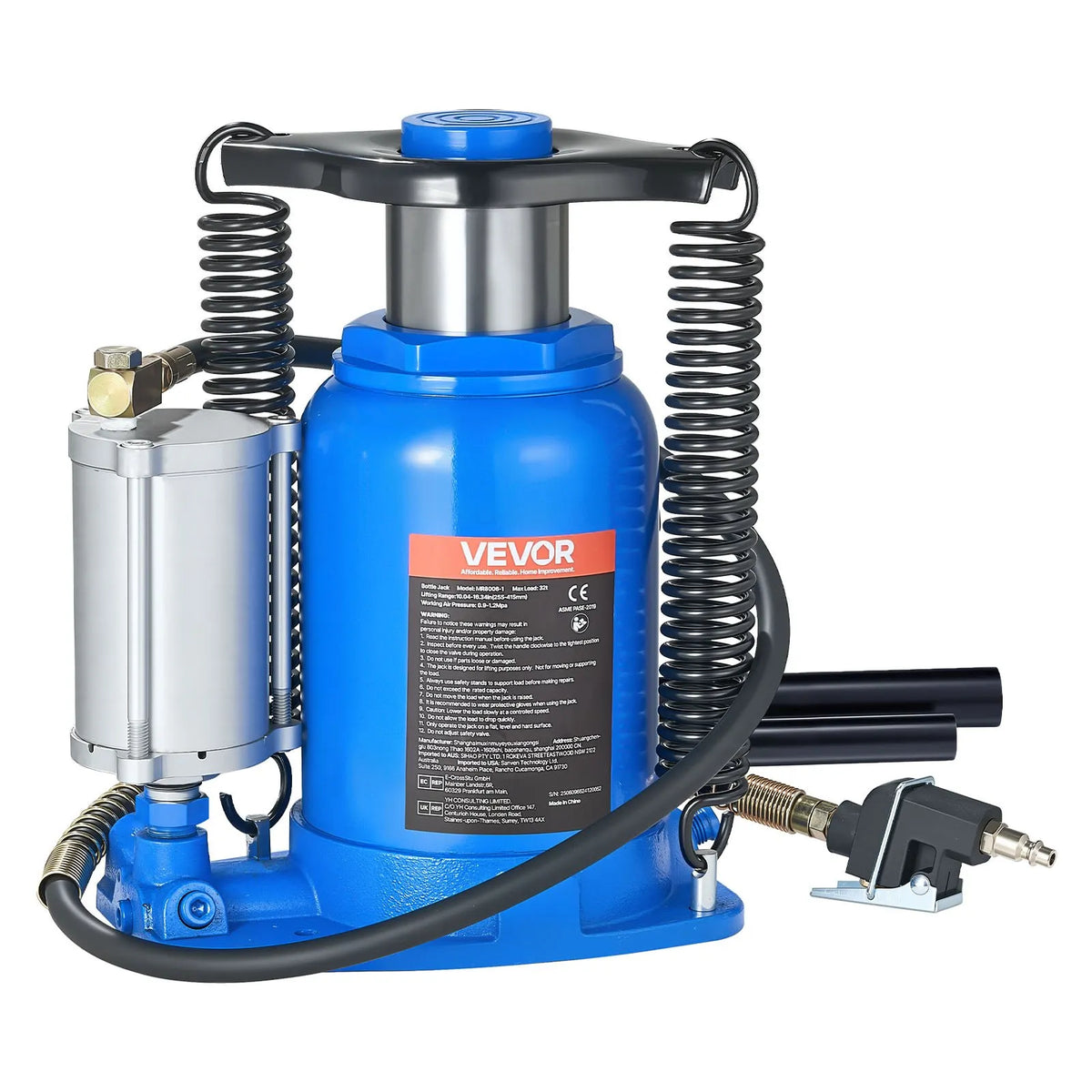 VEVOR Pneumatic Hydraulic Bottle Jack 32 t, Lifting Range 255–415 mm, Pneumatic/Manual Heavy-Duty Welded Jack with Pump for SUV, Pickup, Truck and Car Repair, Blue