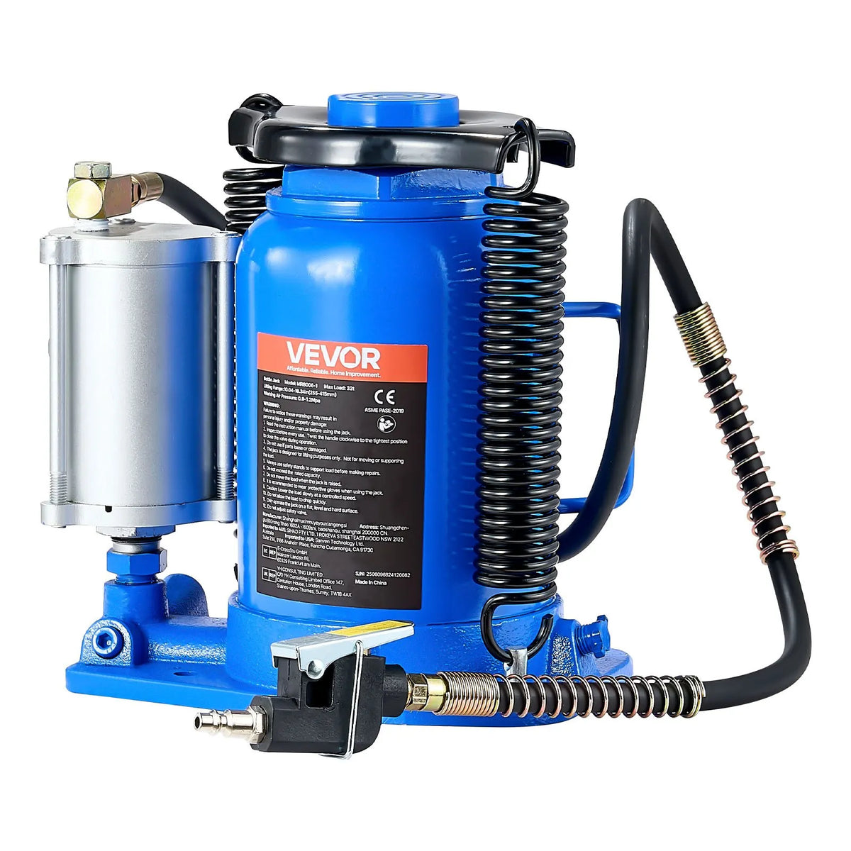 VEVOR Pneumatic Hydraulic Bottle Jack 32 t, Lifting Range 255–415 mm, Pneumatic/Manual Heavy-Duty Welded Jack with Pump for SUV, Pickup, Truck and Car Repair, Blue