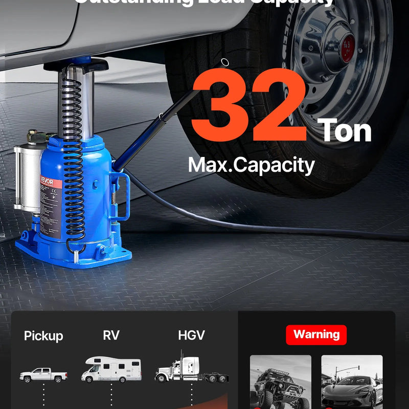 VEVOR pneimatiskais hidrauliskais pudeles domkrats 32 t, celšanas diapazons 255–415 mm, pneimatisks/manuāls smagas slodzes metināts domkrats ar sūkni SUV, pikapiem, kravas auto un auto remontam, zils