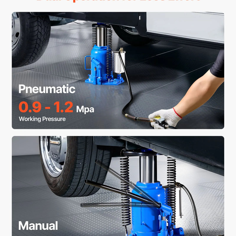 VEVOR pneimatiskais hidrauliskais pudeles domkrats 32 t, celšanas diapazons 255–415 mm, pneimatisks/manuāls smagas slodzes metināts domkrats ar sūkni SUV, pikapiem, kravas auto un auto remontam, zils