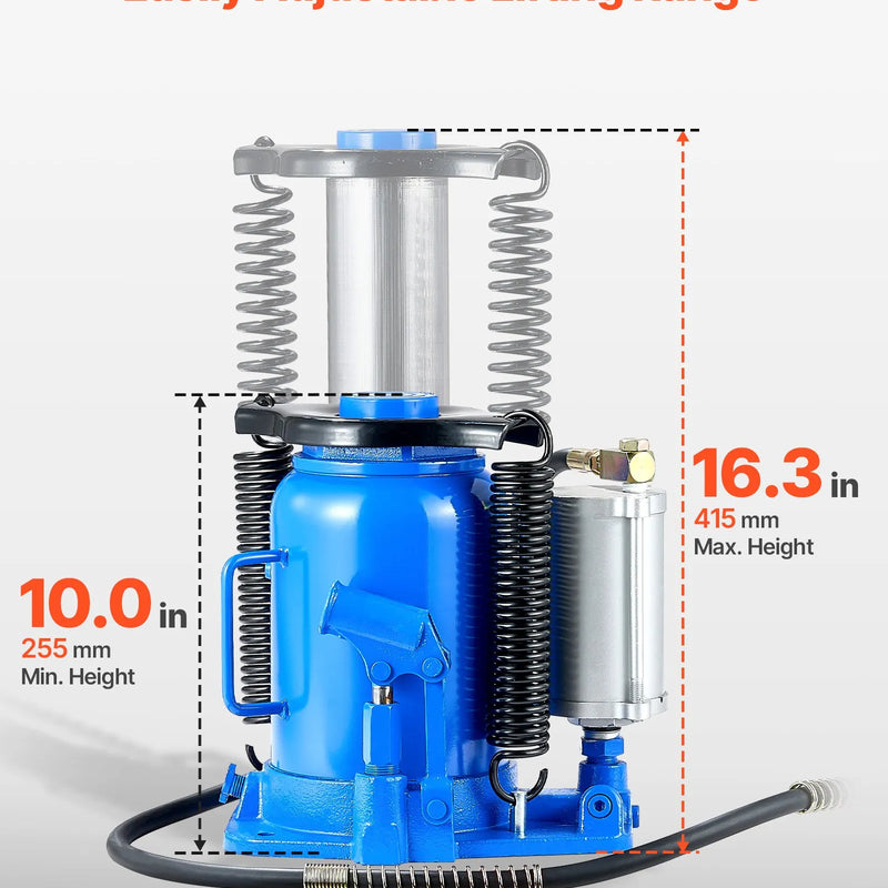 VEVOR pneimatiskais hidrauliskais pudeles domkrats 32 t, celšanas diapazons 255–415 mm, pneimatisks/manuāls smagas slodzes metināts domkrats ar sūkni SUV, pikapiem, kravas auto un auto remontam, zils