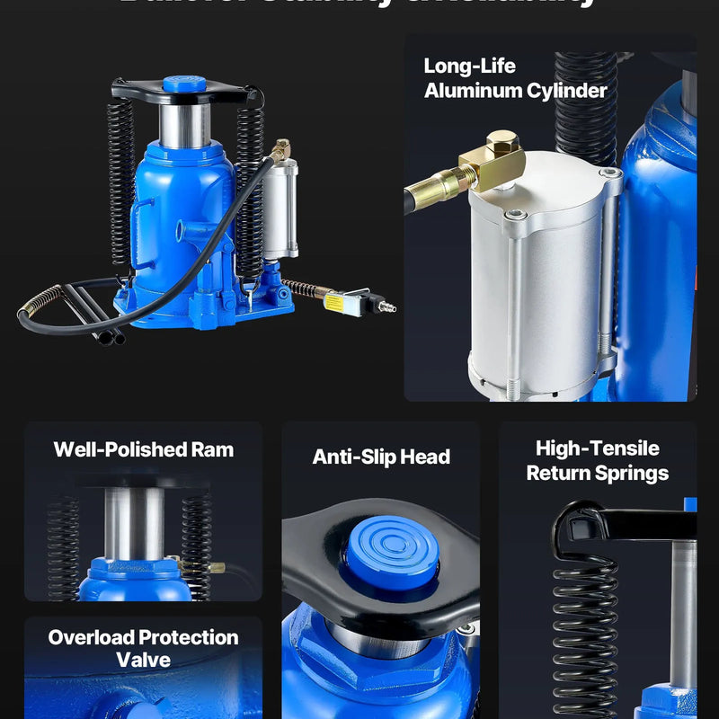 VEVOR pneimatiskais hidrauliskais pudeles domkrats 32 t, celšanas diapazons 255–415 mm, pneimatisks/manuāls smagas slodzes metināts domkrats ar sūkni SUV, pikapiem, kravas auto un auto remontam, zils