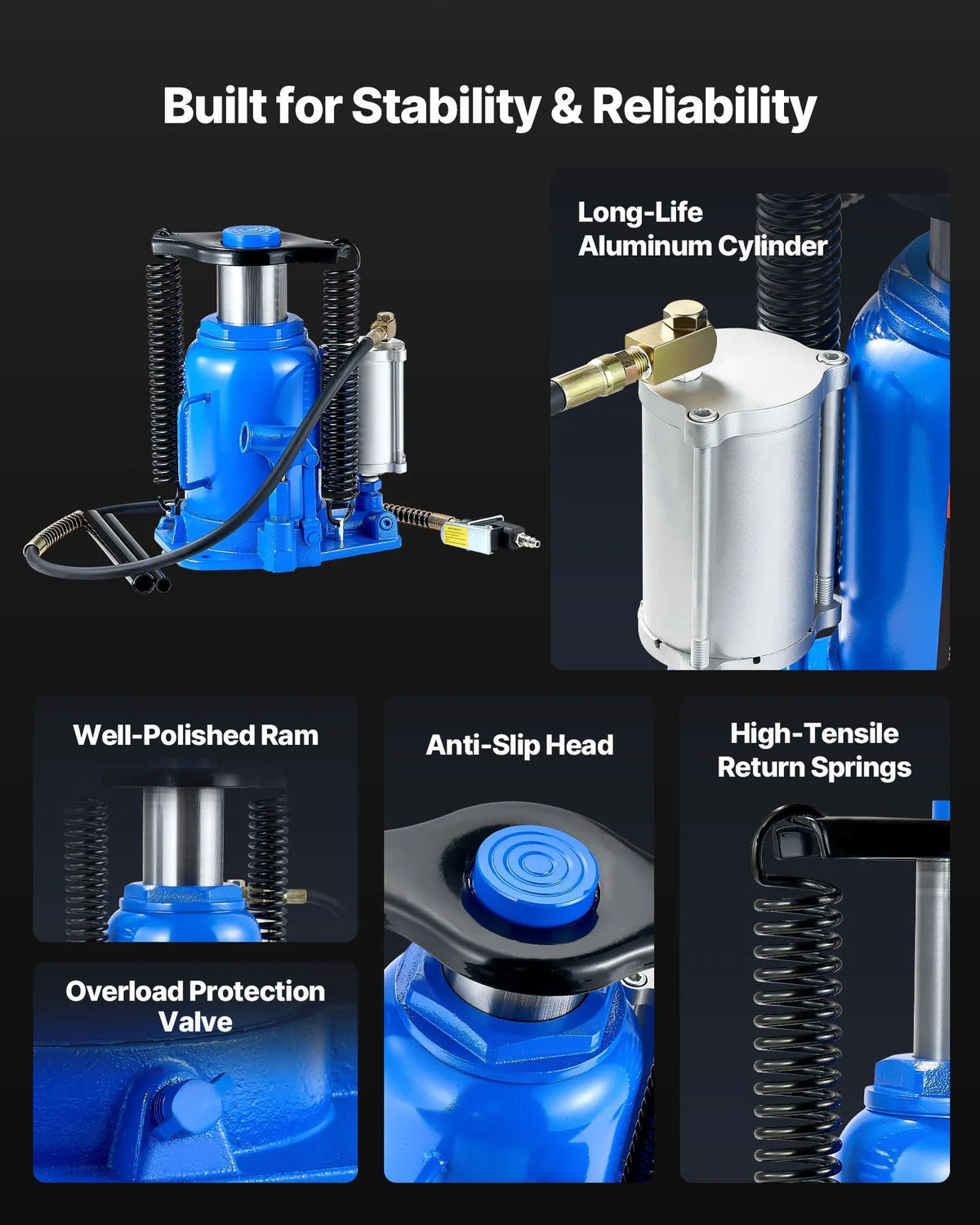 VEVOR Pneumatic Hydraulic Bottle Jack 32 t, Lifting Range 255–415 mm, Pneumatic/Manual Heavy-Duty Welded Jack with Pump for SUV, Pickup, Truck and Car Repair, Blue