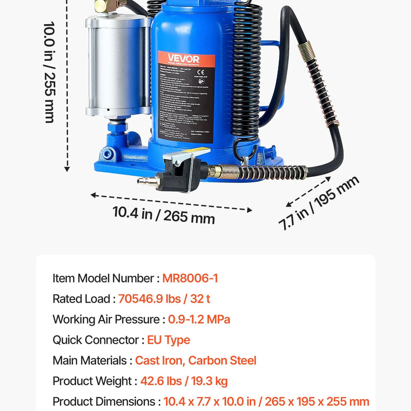 VEVOR pneimatiskais hidrauliskais pudeles domkrats 32 t, celšanas diapazons 255–415 mm, pneimatisks/manuāls smagas slodzes metināts domkrats ar sūkni SUV, pikapiem, kravas auto un auto remontam, zils