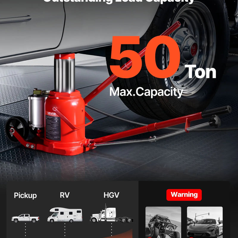 VEVOR pneimatiskais hidrauliskais pudeles domkrats 50 t, celšanas diapazons 265–410 mm, pneimatisks/manuāls smagas slodzes metināts domkrats ar sūkni SUV, pikapiem, kravas auto un auto remontam, sarkans
