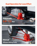 VEVOR pneimatiskais hidrauliskais pudeles domkrats 50 t, celšanas diapazons 265–410 mm, pneimatisks/manuāls smagas slodzes metināts domkrats ar sūkni SUV, pikapiem, kravas auto un auto remontam, sarkans