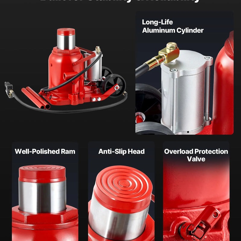 VEVOR pneimatiskais hidrauliskais pudeles domkrats 50 t, celšanas diapazons 265–410 mm, pneimatisks/manuāls smagas slodzes metināts domkrats ar sūkni SUV, pikapiem, kravas auto un auto remontam, sarkans