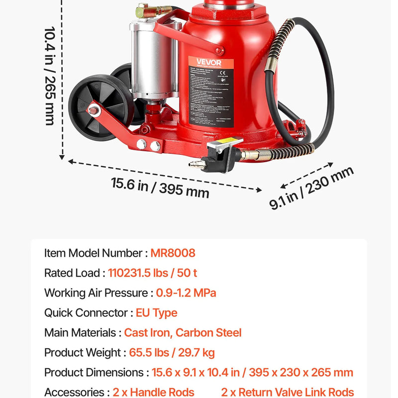 VEVOR pneimatiskais hidrauliskais pudeles domkrats 50 t, celšanas diapazons 265–410 mm, pneimatisks/manuāls smagas slodzes metināts domkrats ar sūkni SUV, pikapiem, kravas auto un auto remontam, sarkans
