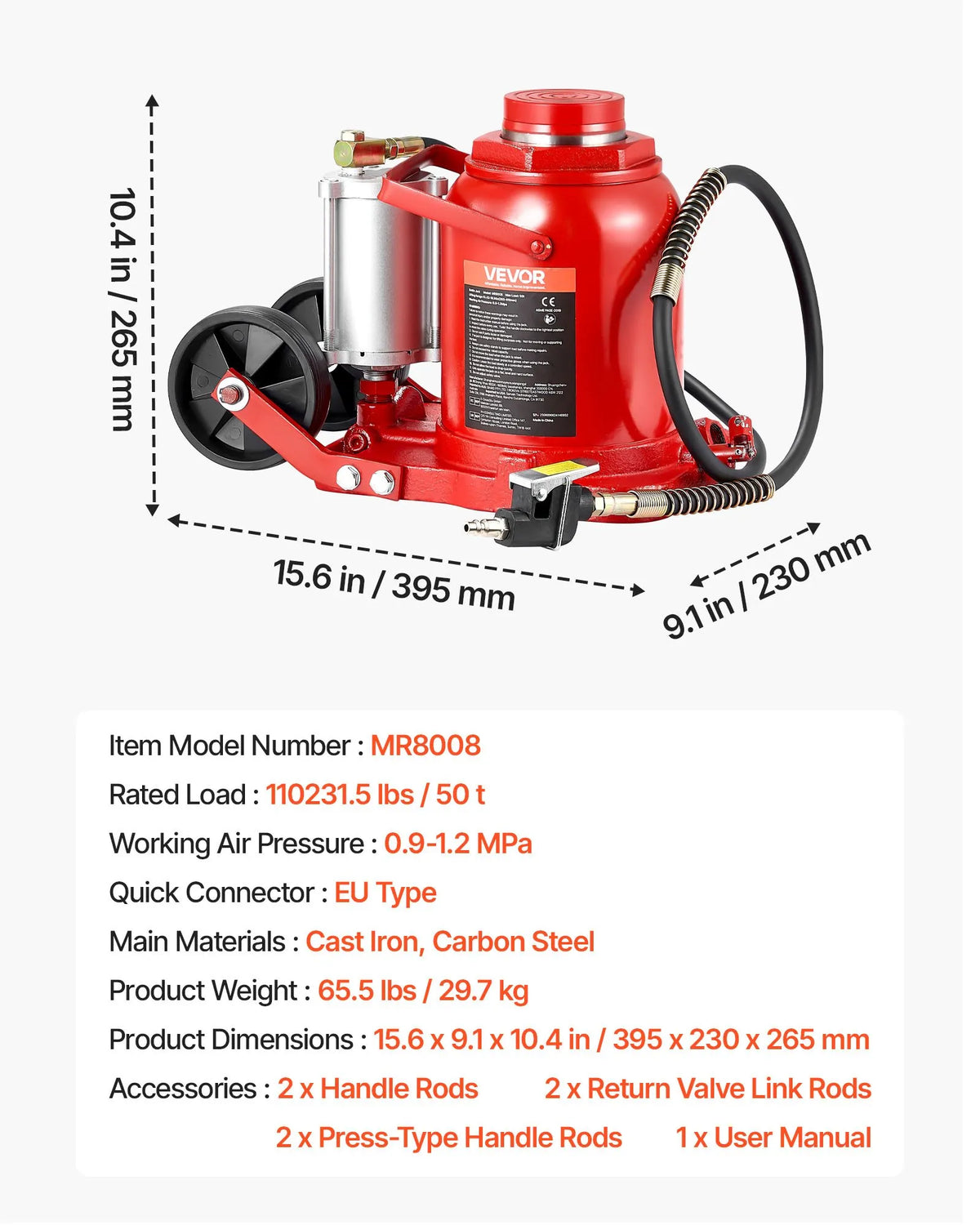 VEVOR Pneumatic Hydraulic Bottle Jack 50 t, Lifting Range 265–410 mm, Pneumatic/Manual Heavy-Duty Welded Jack with Pump for SUV, Pickup, Truck and Car Repair, Red