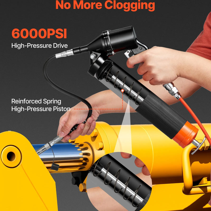 VEVOR smērviela pistole, augstspiediena 41,4 MPa, pastiprinātas konstrukcijas pistoles tipa smērvielas komplekts ar 0,4 l ietilpību, 45,7 cm elastīgu šļūteni, 1 stingru pagarinātāju un 2 plakaniem uzgaļiem automobiļu un jūras tehnikai