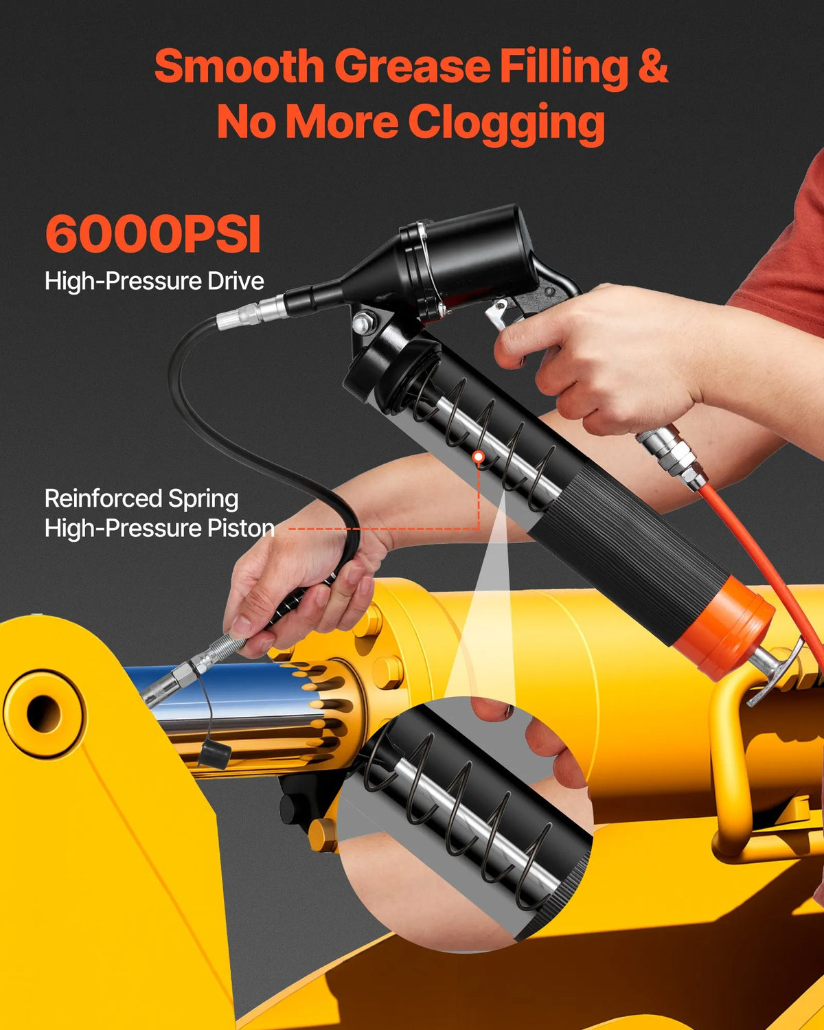 VEVOR Grease Gun, High-Pressure 41.4 MPa, Heavy-Duty Pistol-Type Grease Kit with 0.4 L Capacity, 45.7 cm Flexible Hose, 1 Rigid Extension and 2 Flat Tips for Automotive and Marine Applications