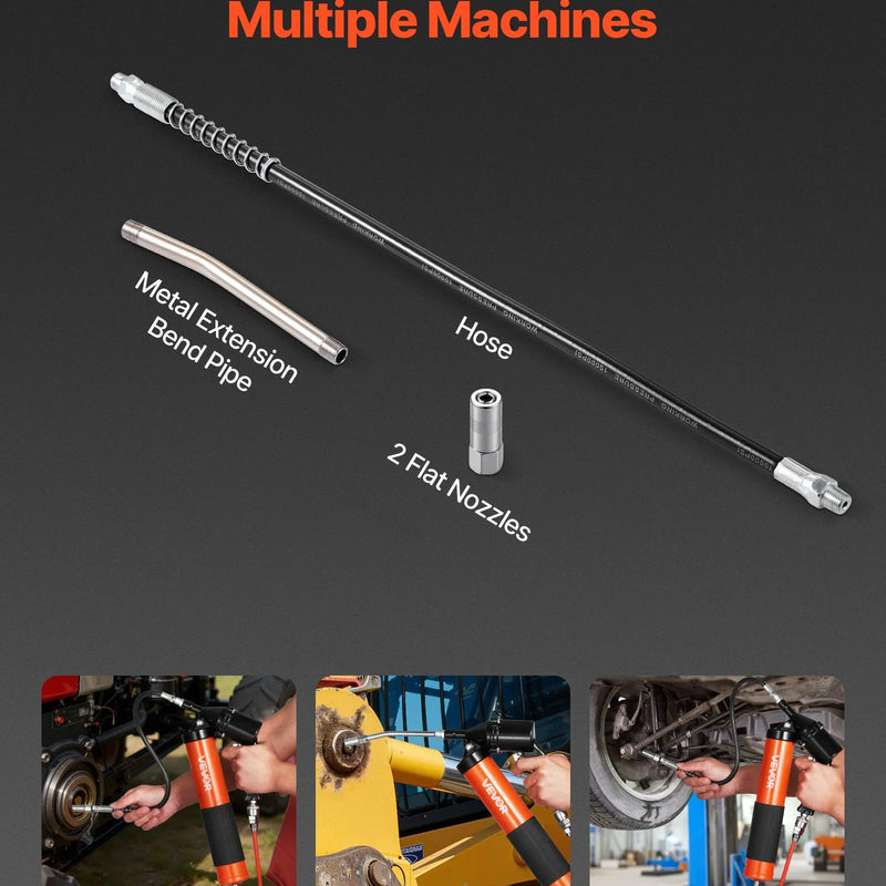 VEVOR smērviela pistole, augstspiediena 41,4 MPa, pastiprinātas konstrukcijas pistoles tipa smērvielas komplekts ar 0,4 l ietilpību, 45,7 cm elastīgu šļūteni, 1 stingru pagarinātāju un 2 plakaniem uzgaļiem automobiļu un jūras tehnikai