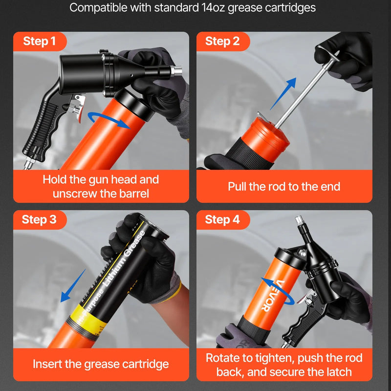 VEVOR smērviela pistole, augstspiediena 41,4 MPa, pastiprinātas konstrukcijas pistoles tipa smērvielas komplekts ar 0,4 l ietilpību, 45,7 cm elastīgu šļūteni, 1 stingru pagarinātāju un 2 plakaniem uzgaļiem automobiļu un jūras tehnikai