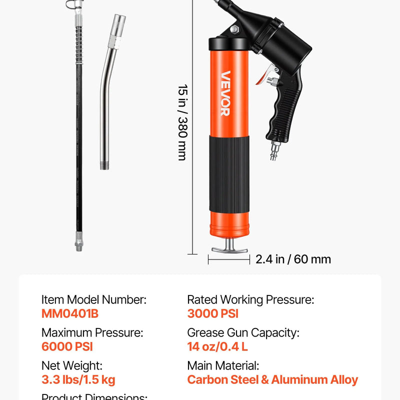 VEVOR smērviela pistole, augstspiediena 41,4 MPa, pastiprinātas konstrukcijas pistoles tipa smērvielas komplekts ar 0,4 l ietilpību, 45,7 cm elastīgu šļūteni, 1 stingru pagarinātāju un 2 plakaniem uzgaļiem automobiļu un jūras tehnikai