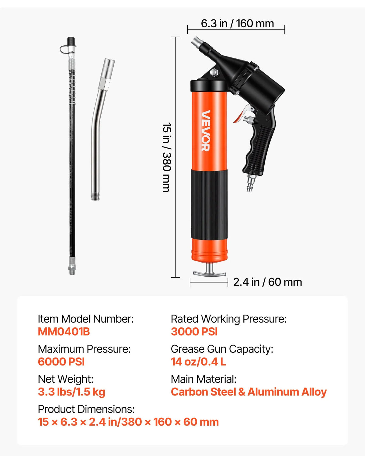 VEVOR Grease Gun, High-Pressure 41.4 MPa, Heavy-Duty Pistol-Type Grease Kit with 0.4 L Capacity, 45.7 cm Flexible Hose, 1 Rigid Extension and 2 Flat Tips for Automotive and Marine Applications