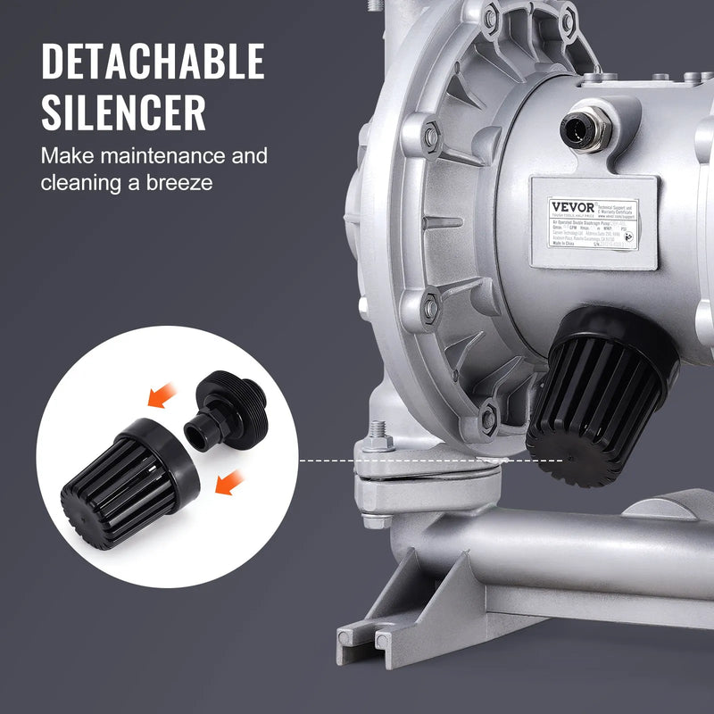VEVOR pneimatiskais dubultās diafragmas sūknis, 166,6 l/min, maks. darba spiediens 7,9 bar, atkritumeļļas pārsūknēšanai, alumīnija sakausējuma korpuss, ieplūde/izplūde 38 mm, paredzēts dīzeļdegvielai, smērvielām un eļļām