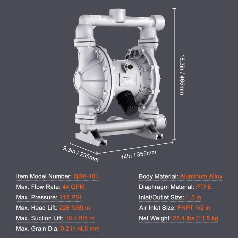 VEVOR pneimatiskais dubultās diafragmas sūknis, 166,6 l/min, maks. darba spiediens 7,9 bar, atkritumeļļas pārsūknēšanai, alumīnija sakausējuma korpuss, ieplūde/izplūde 38 mm, paredzēts dīzeļdegvielai, smērvielām un eļļām
