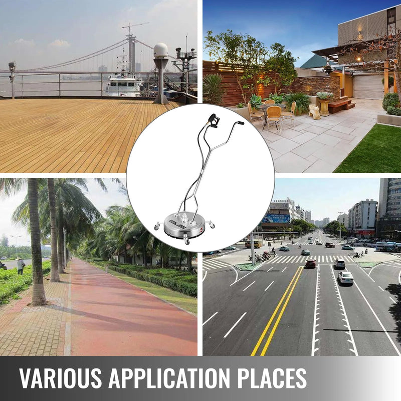 46 cm virsmas tīrītājs augstspiediena mazgātājam, 275 bar, ar 9,5 mm ātro savienotāju, riteņiem, 40 l/min plūsmu, nerūsējošā tērauda rotējošo stieni un 3 sprauslām