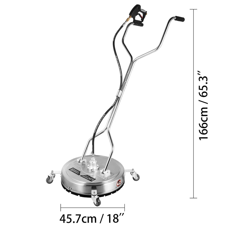 46 cm virsmas tīrītājs augstspiediena mazgātājam, 275 bar, ar 9,5 mm ātro savienotāju, riteņiem, 40 l/min plūsmu, nerūsējošā tērauda rotējošo stieni un 3 sprauslām