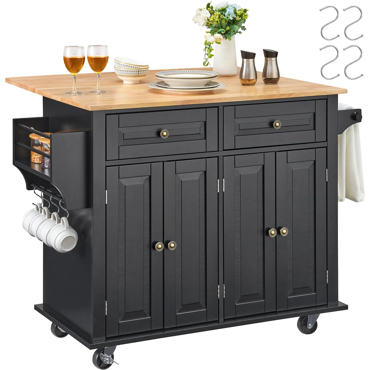 VEVOR Kitchen Island with Wood Worktop, 109 cm Mobile Kitchen Trolley with Storage Cabinet, Flip-Top Surface, Spice Rack, Towel Rail, Adjustable Shelves, Drawer and Hooks, Movable Kitchen Island on Wheels, Black
