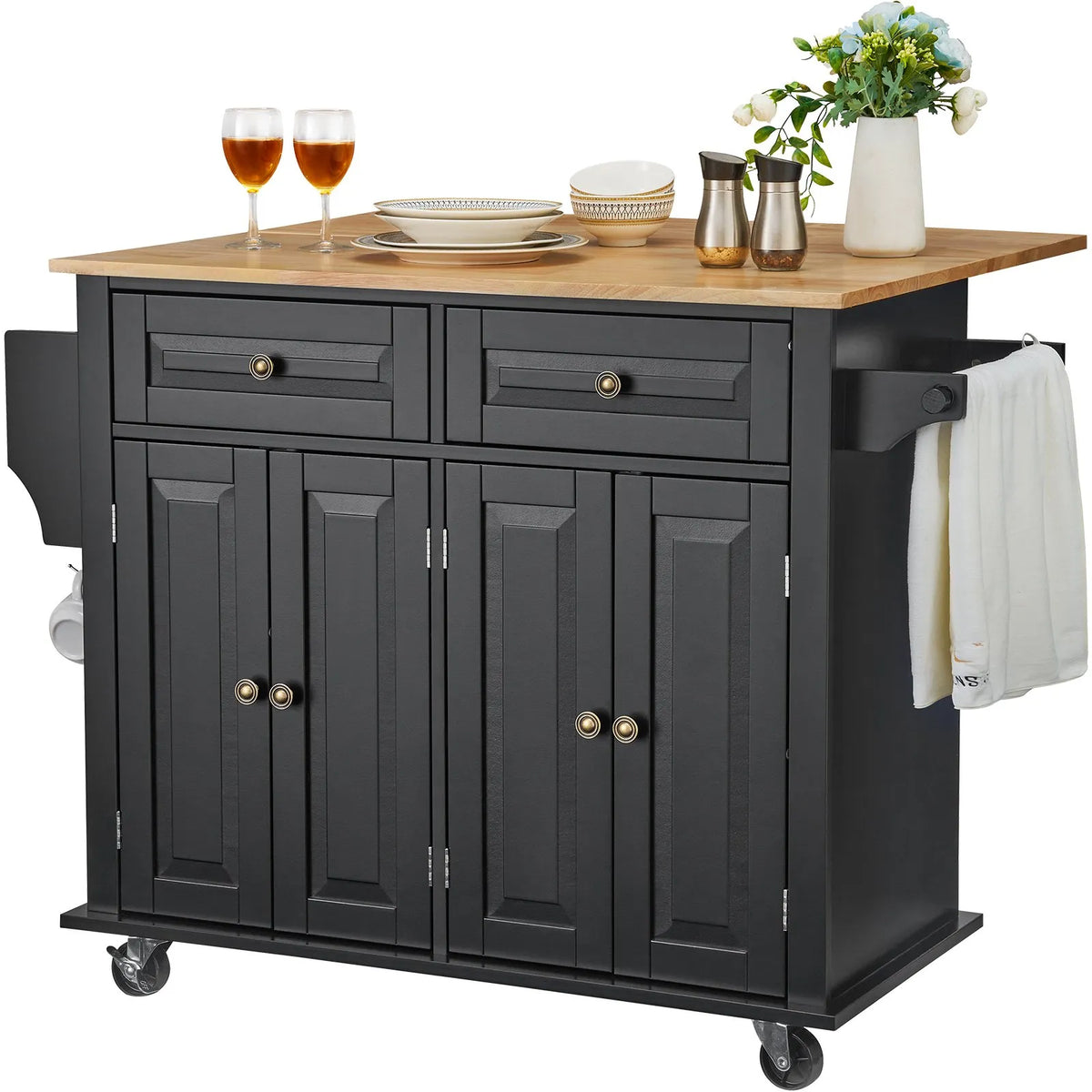 VEVOR Kitchen Island with Wood Worktop, 109 cm Mobile Kitchen Trolley with Storage Cabinet, Flip-Top Surface, Spice Rack, Towel Rail, Adjustable Shelves, Drawer and Hooks, Movable Kitchen Island on Wheels, Black