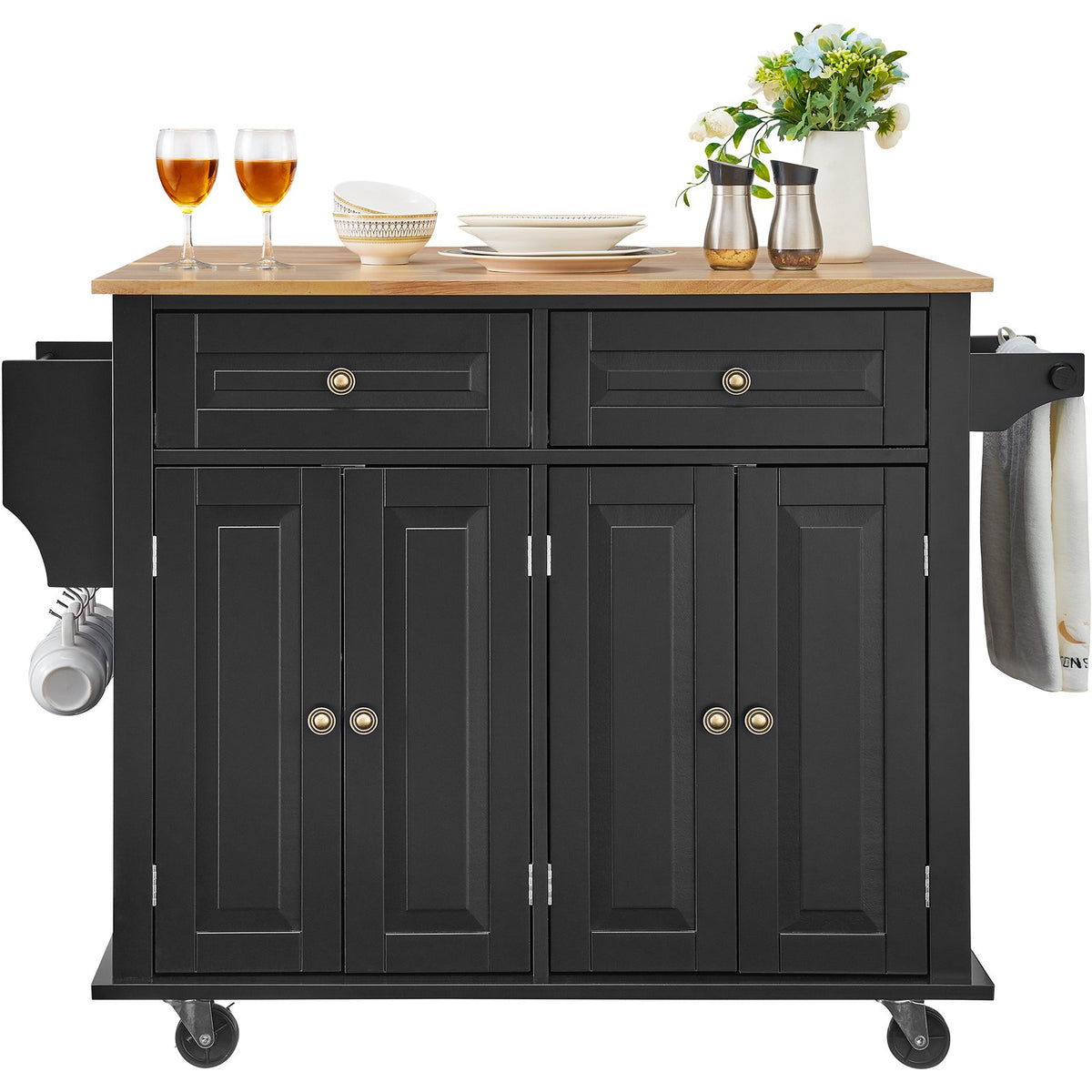VEVOR Kitchen Island with Wood Worktop, 109 cm Mobile Kitchen Trolley with Storage Cabinet, Flip-Top Surface, Spice Rack, Towel Rail, Adjustable Shelves, Drawer and Hooks, Movable Kitchen Island on Wheels, Black