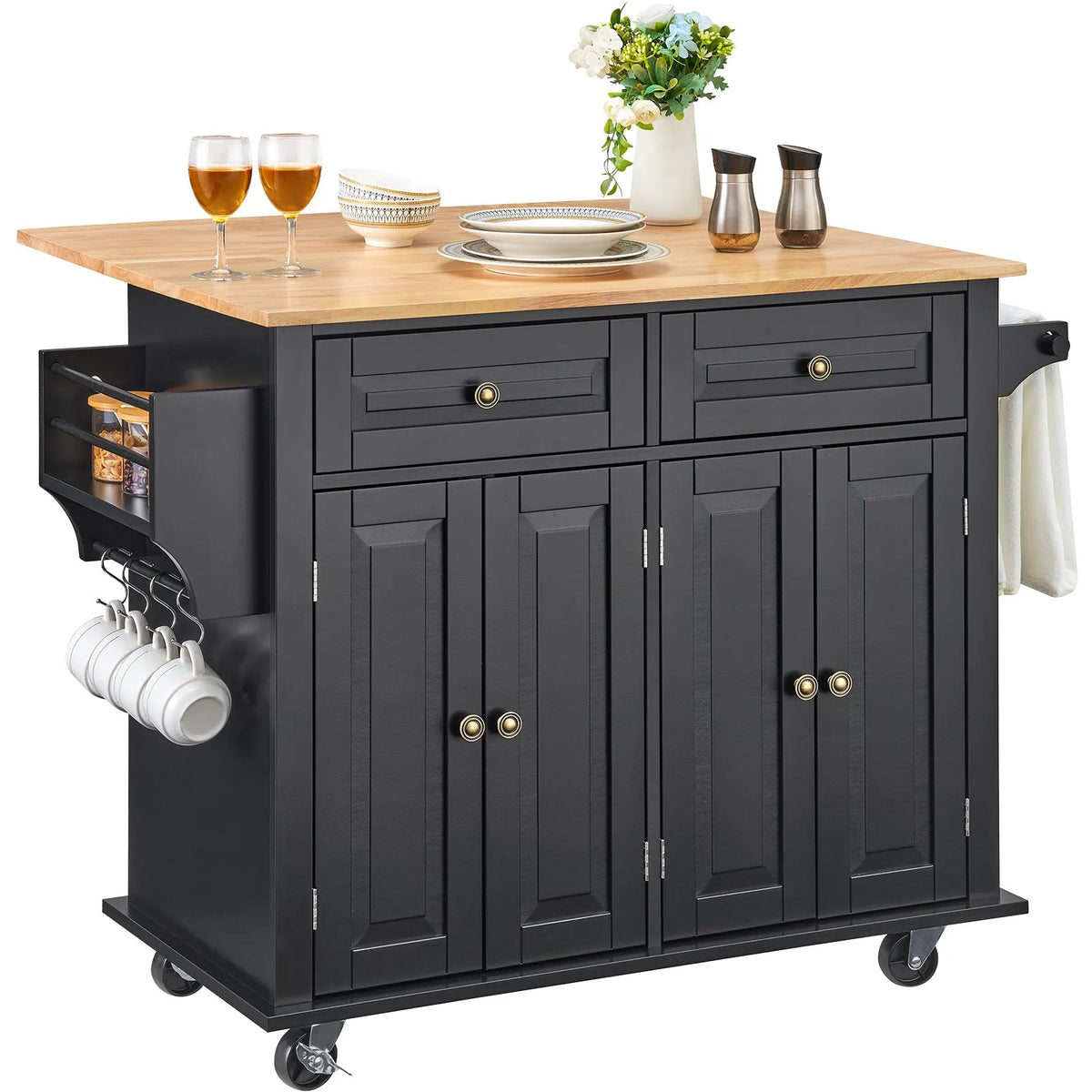 VEVOR Kitchen Island with Wood Worktop, 109 cm Mobile Kitchen Trolley with Storage Cabinet, Flip-Top Surface, Spice Rack, Towel Rail, Adjustable Shelves, Drawer and Hooks, Movable Kitchen Island on Wheels, Black