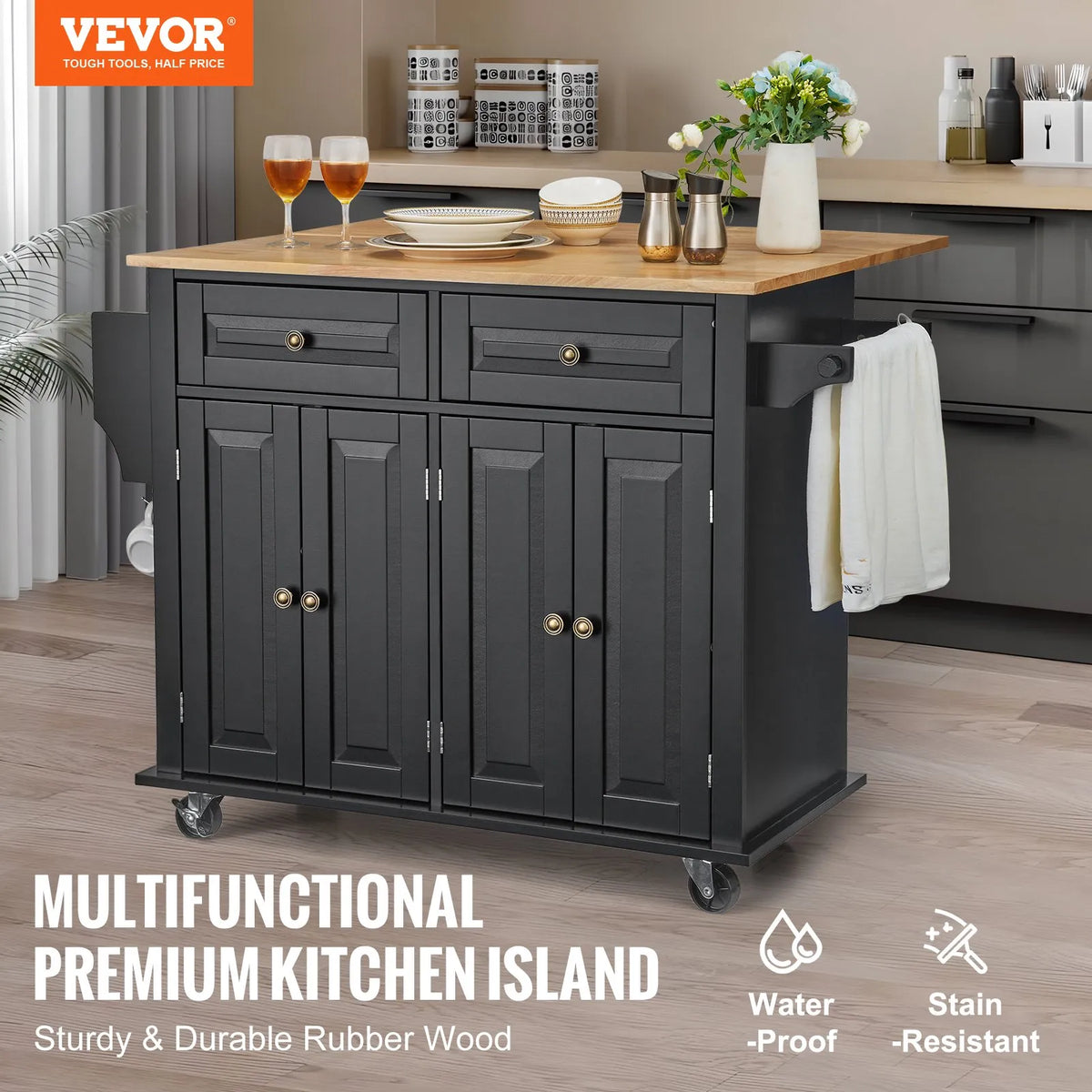 VEVOR Kitchen Island with Wood Worktop, 109 cm Mobile Kitchen Trolley with Storage Cabinet, Flip-Top Surface, Spice Rack, Towel Rail, Adjustable Shelves, Drawer and Hooks, Movable Kitchen Island on Wheels, Black
