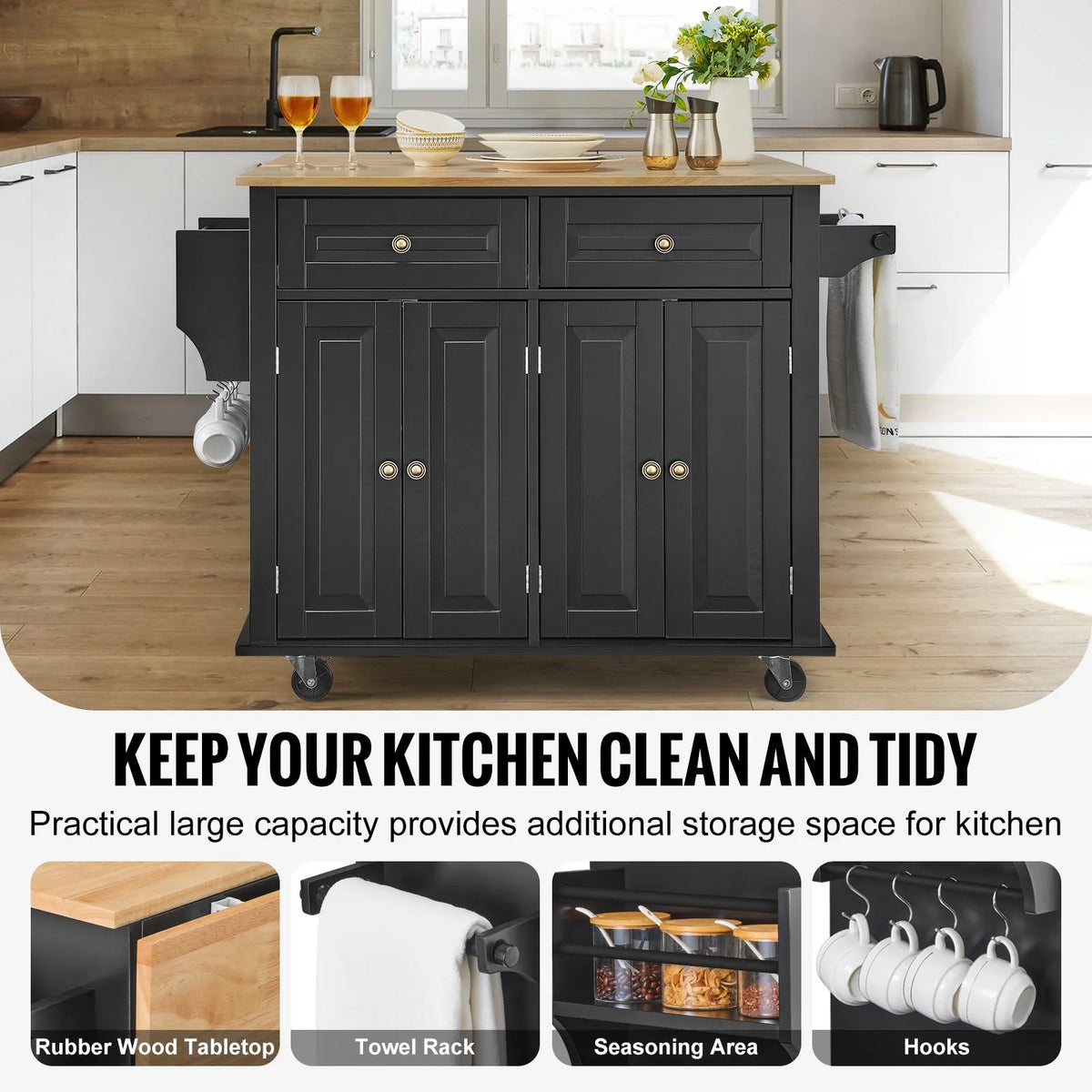 VEVOR Kitchen Island with Wood Worktop, 109 cm Mobile Kitchen Trolley with Storage Cabinet, Flip-Top Surface, Spice Rack, Towel Rail, Adjustable Shelves, Drawer and Hooks, Movable Kitchen Island on Wheels, Black