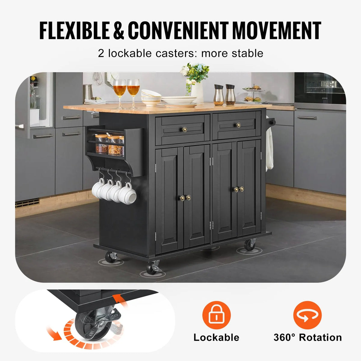 VEVOR Kitchen Island with Wood Worktop, 109 cm Mobile Kitchen Trolley with Storage Cabinet, Flip-Top Surface, Spice Rack, Towel Rail, Adjustable Shelves, Drawer and Hooks, Movable Kitchen Island on Wheels, Black