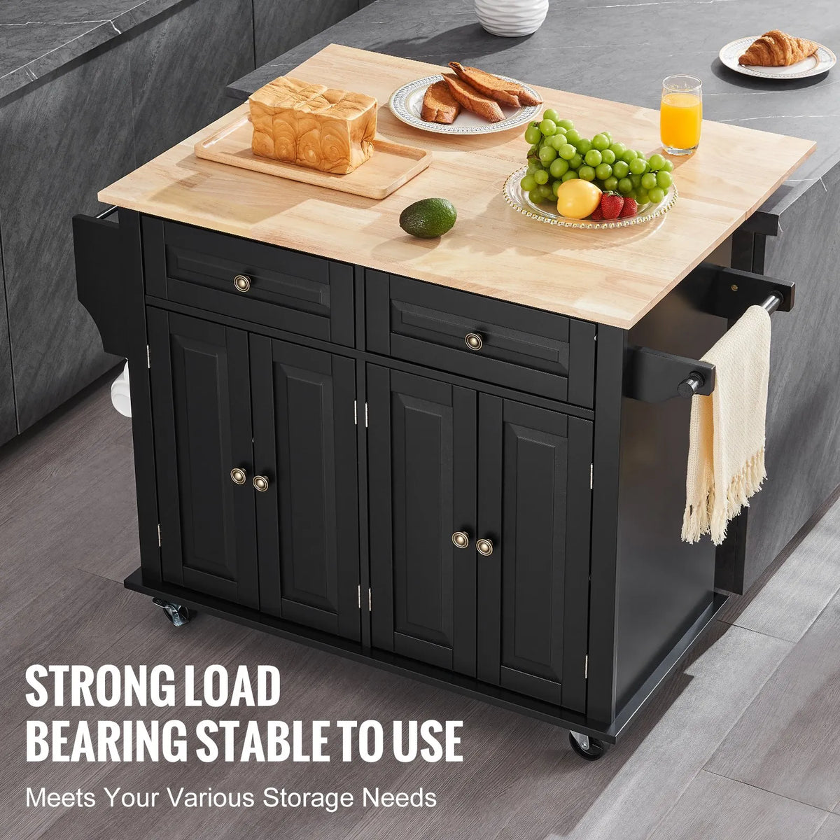 VEVOR Kitchen Island with Wood Worktop, 109 cm Mobile Kitchen Trolley with Storage Cabinet, Flip-Top Surface, Spice Rack, Towel Rail, Adjustable Shelves, Drawer and Hooks, Movable Kitchen Island on Wheels, Black