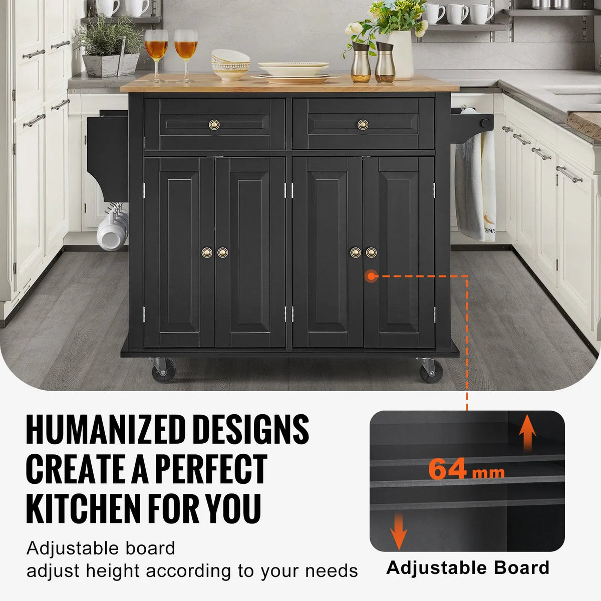 VEVOR Kitchen Island with Wood Worktop, 109 cm Mobile Kitchen Trolley with Storage Cabinet, Flip-Top Surface, Spice Rack, Towel Rail, Adjustable Shelves, Drawer and Hooks, Movable Kitchen Island on Wheels, Black