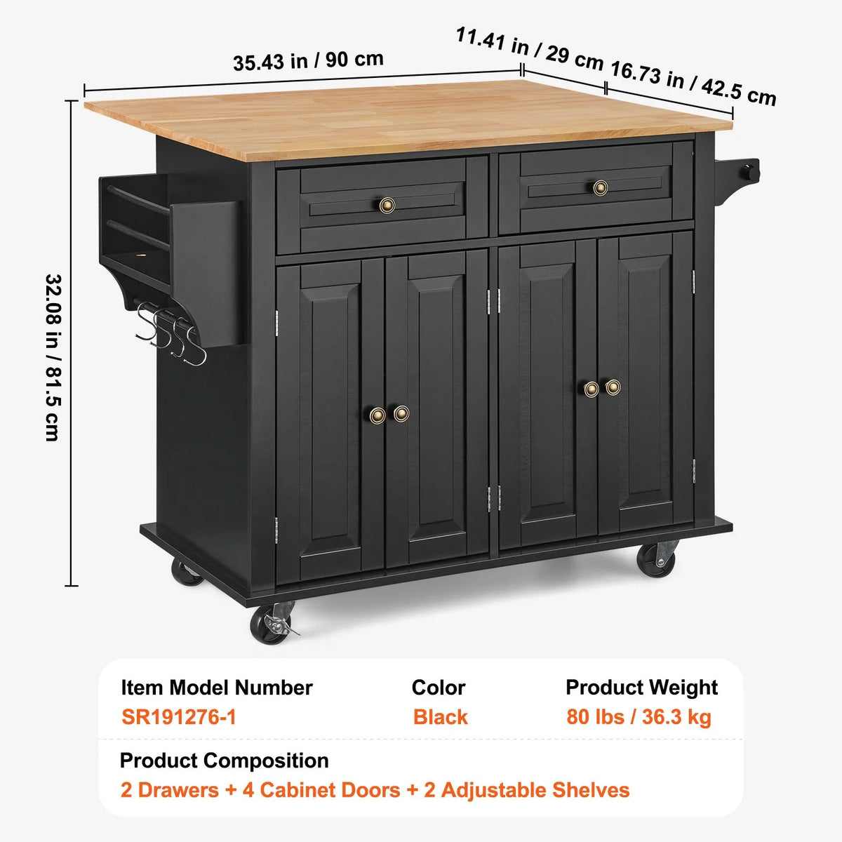VEVOR Kitchen Island with Wood Worktop, 109 cm Mobile Kitchen Trolley with Storage Cabinet, Flip-Top Surface, Spice Rack, Towel Rail, Adjustable Shelves, Drawer and Hooks, Movable Kitchen Island on Wheels, Black