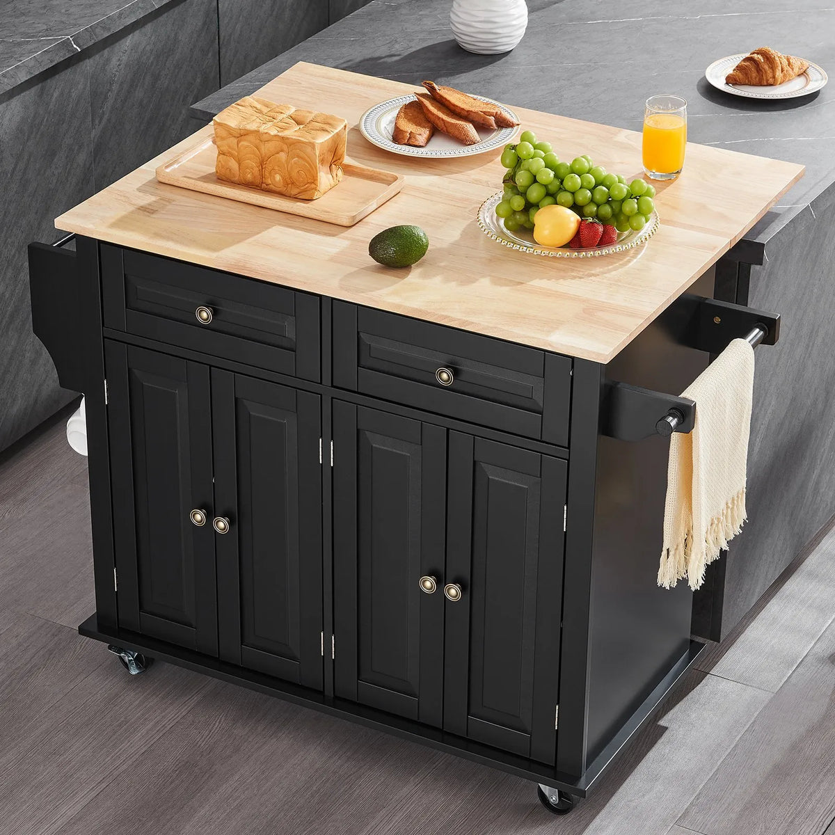 VEVOR Kitchen Island with Wood Worktop, 109 cm Mobile Kitchen Trolley with Storage Cabinet, Flip-Top Surface, Spice Rack, Towel Rail, Adjustable Shelves, Drawer and Hooks, Movable Kitchen Island on Wheels, Black