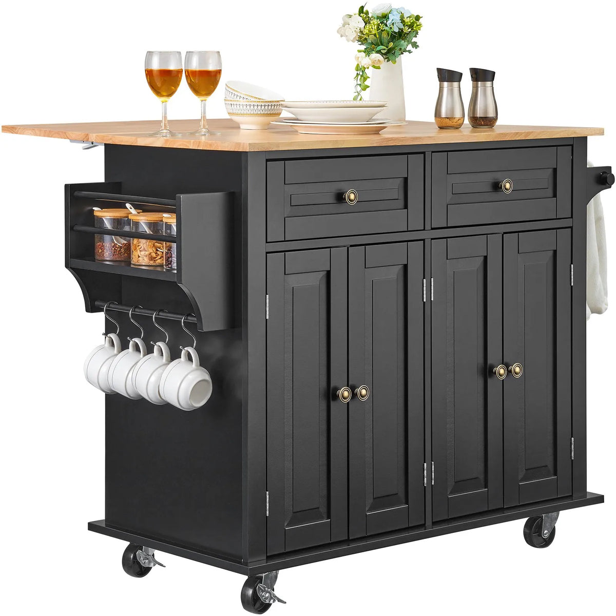 VEVOR Kitchen Island with Wood Worktop, 109 cm Mobile Kitchen Trolley with Storage Cabinet, Flip-Top Surface, Spice Rack, Towel Rail, Adjustable Shelves, Drawer and Hooks, Movable Kitchen Island on Wheels, Black
