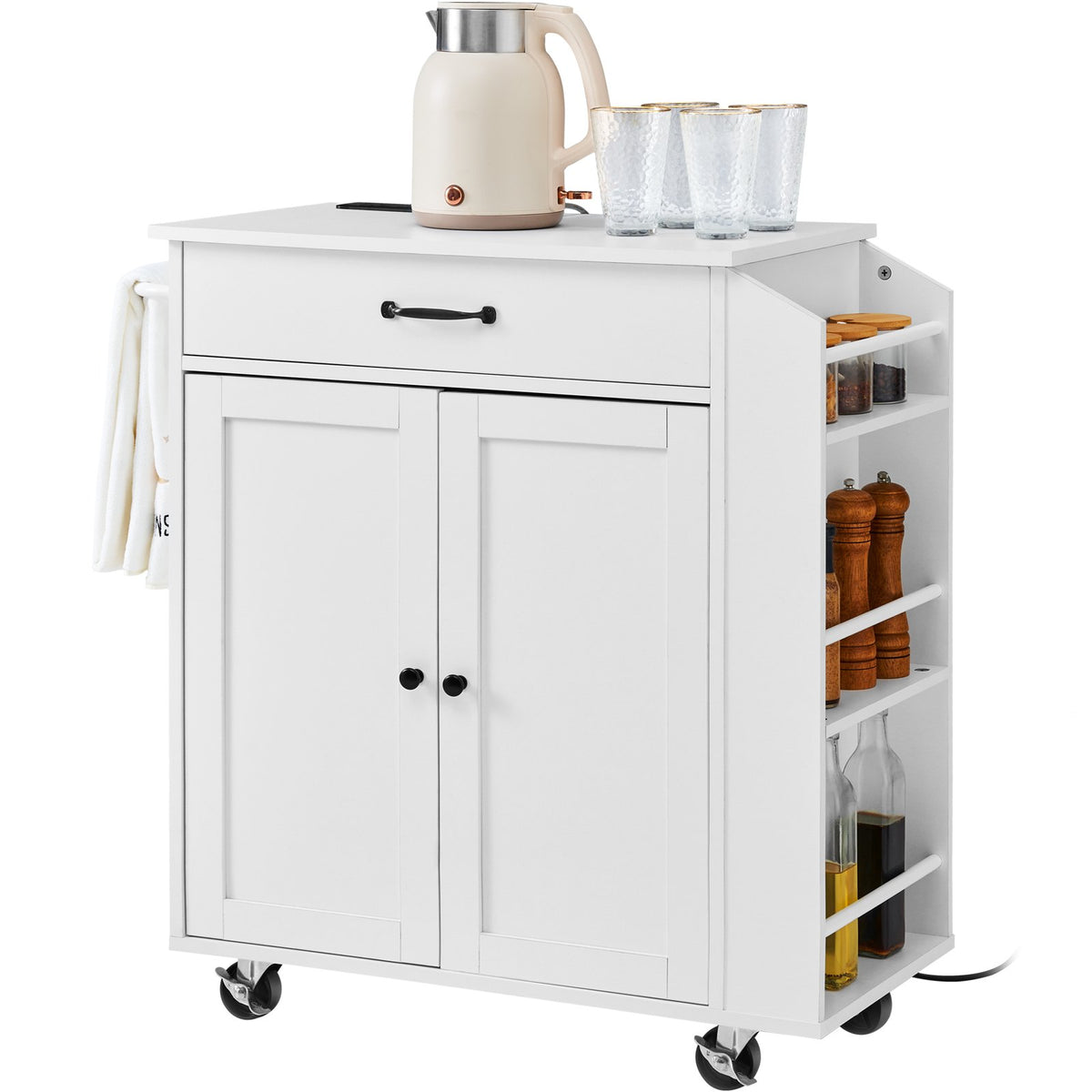 VEVOR Kitchen Island on Wheels, 813 mm Movable Table with Storage Cabinet, Outlets, Spice Rack, Towel Holder, Adjustable Shelf and Drawer, Suitable for Dining Room and Living Room, White