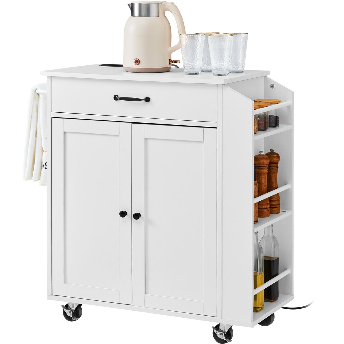 VEVOR Kitchen Island on Wheels, 813 mm Movable Table with Storage Cabinet, Outlets, Spice Rack, Towel Holder, Adjustable Shelf and Drawer, Suitable for Dining Room and Living Room, White