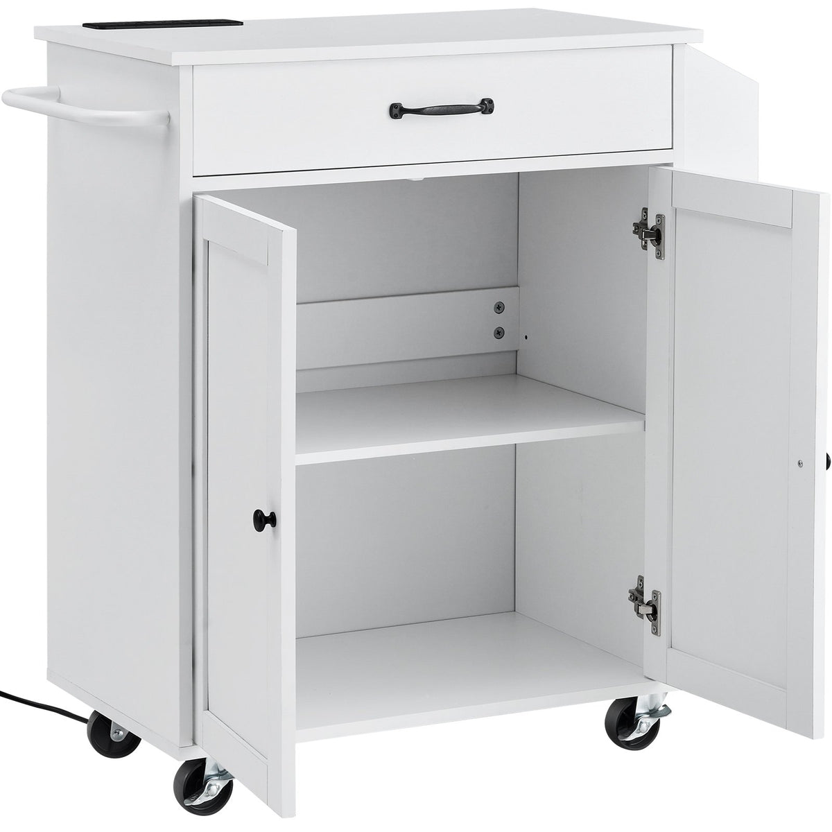 VEVOR Kitchen Island on Wheels, 813 mm Movable Table with Storage Cabinet, Outlets, Spice Rack, Towel Holder, Adjustable Shelf and Drawer, Suitable for Dining Room and Living Room, White
