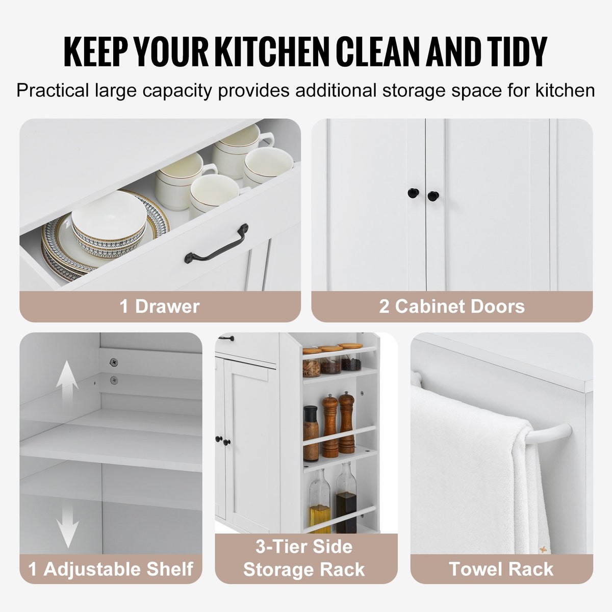 VEVOR Kitchen Island on Wheels, 813 mm Movable Table with Storage Cabinet, Outlets, Spice Rack, Towel Holder, Adjustable Shelf and Drawer, Suitable for Dining Room and Living Room, White